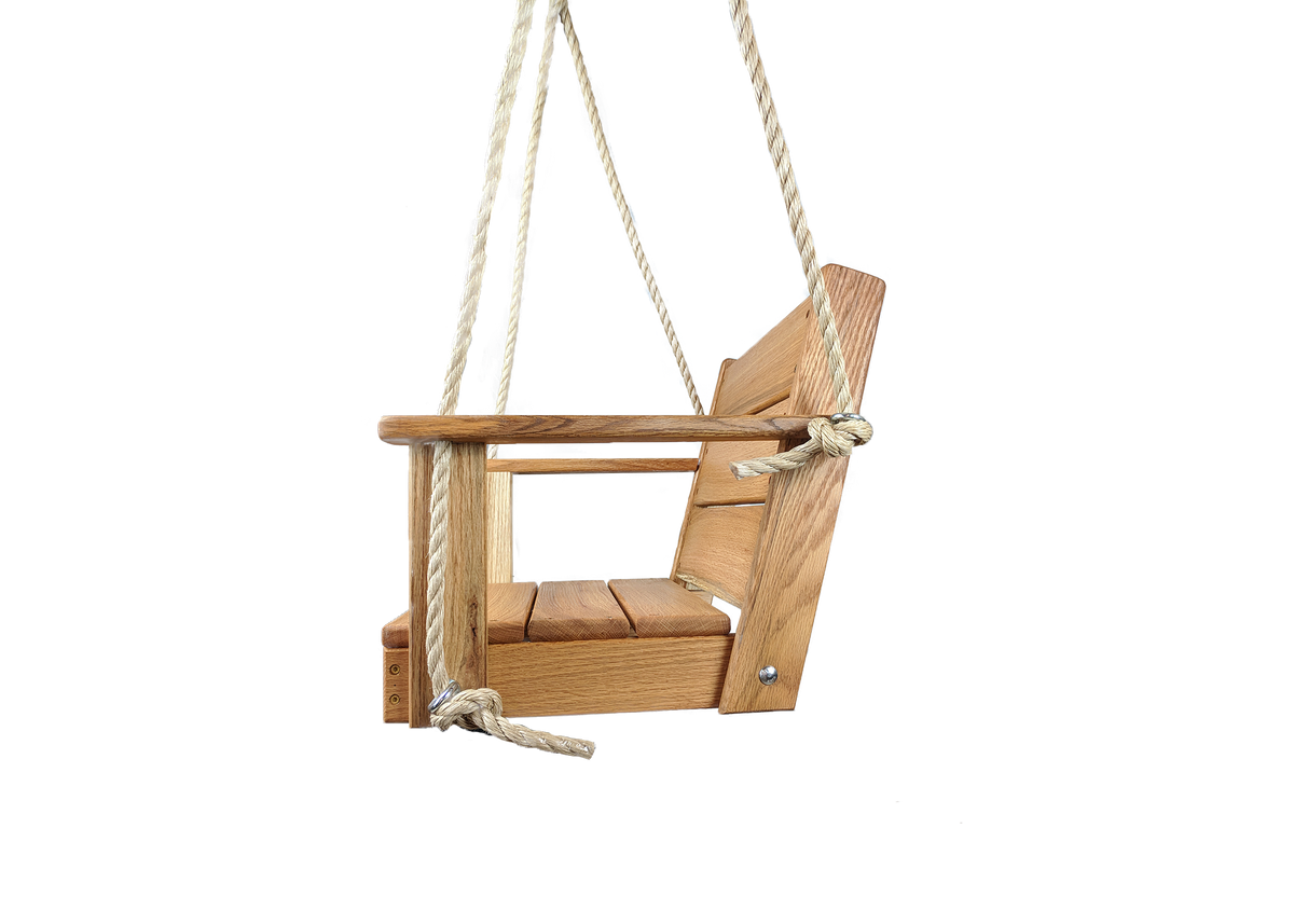  Chair Wood Tree Swing can be used on your porch, patio, or you can hang in your favorite tree. Wood Chair Swing is made from Red Oak Wood, measures 16" x 16" x 15" . Free Shipping in USA